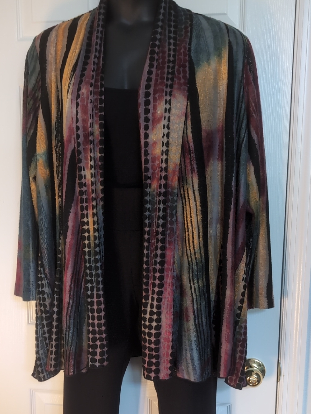 Ali Miles Open Front Multi-Color Striped Velvet Cardigan